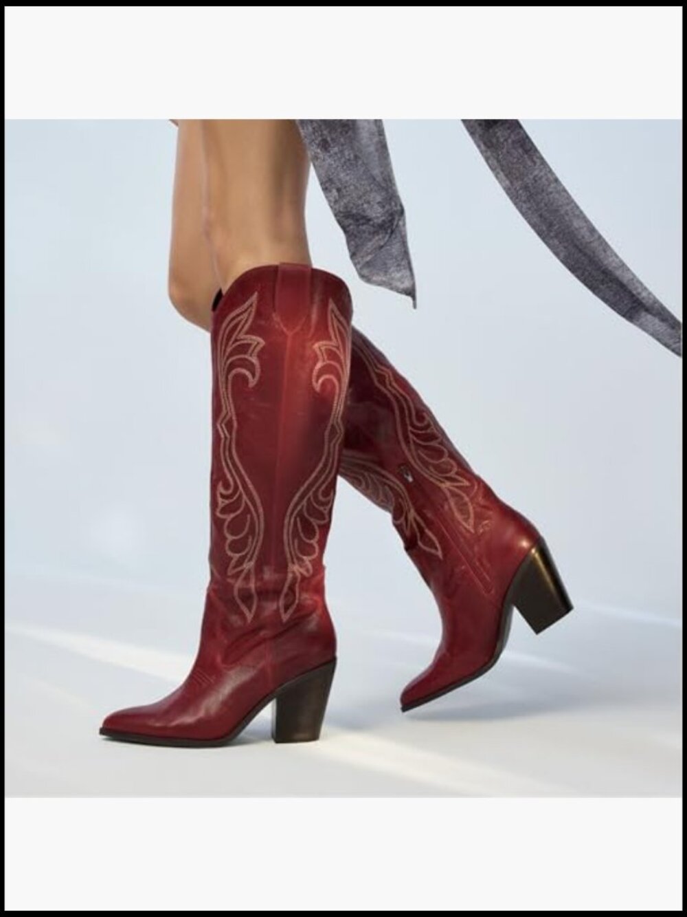 Women's Pointed Toe Chunky Heel Knee High Cowgirl Boots with Embroidery and - Picture 7 of 7